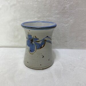 VTG Studio Pottery Speckled Stoneware Vase Blue Floral Signed Makeup Brushes